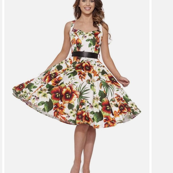 Hearts & Roses Princess Lilly Floral Rose Orange Green PinupRetro Swing Dress 12 - Picture 1 of 16
